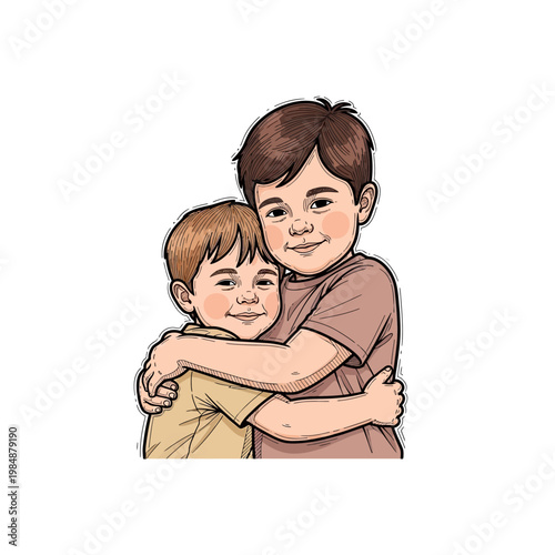 Two young brothers are hugging each other tightly, showing their love and affection.