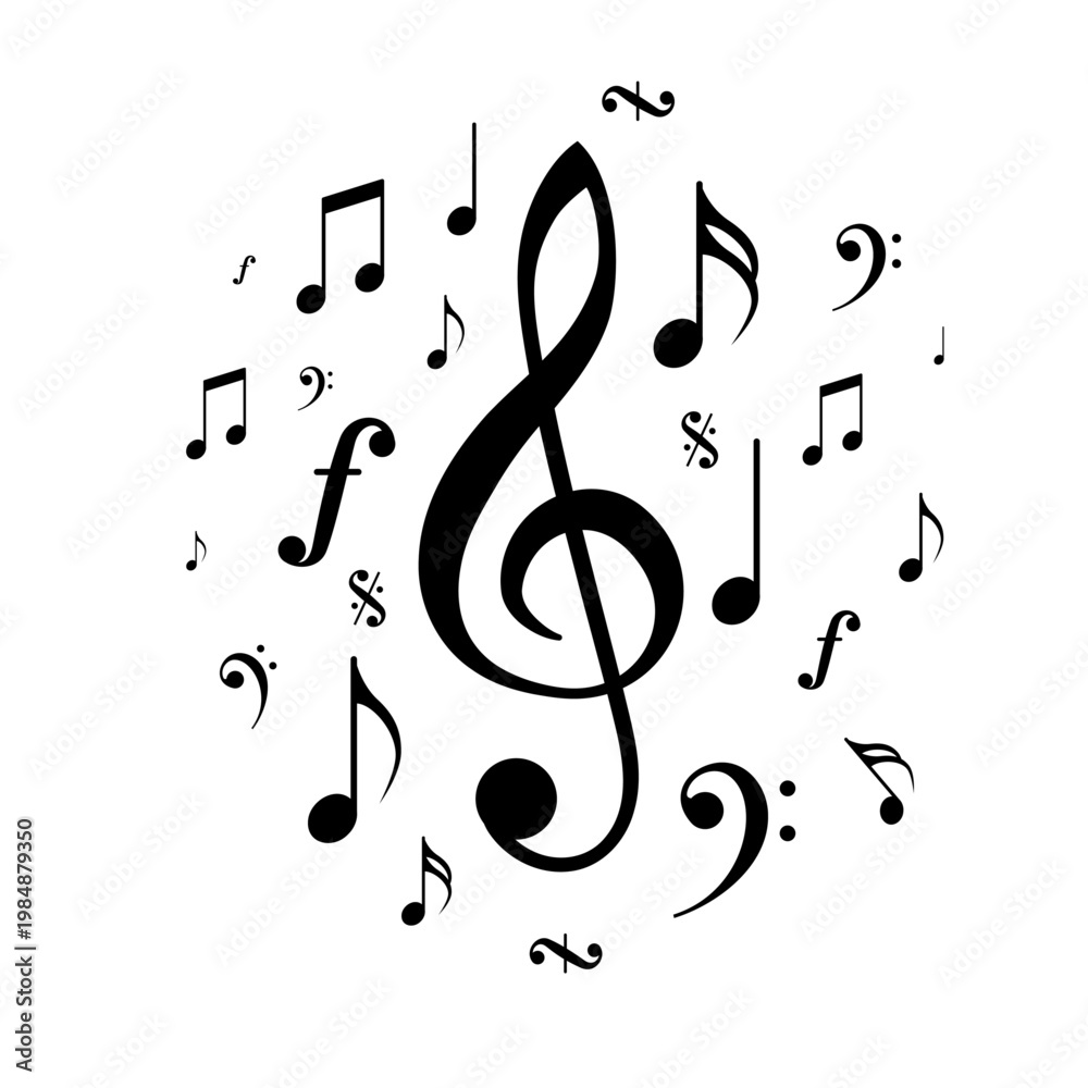 Fototapeta premium A large black treble clef is surrounded by floating musical notes. Vector illustration
