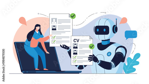 Robotic assistant and a human professional reviewing digital resumes on a laptop screen for an efficient hiring process.