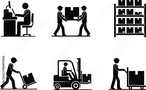  Black silhouettes of people working in warehouse logistics and delivery