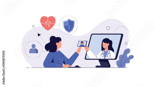 Woman using a laptop for a telemedicine consultation with a doctor on the screen along with health and security icons.