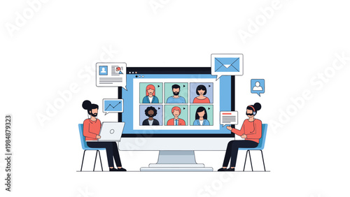 Two female colleagues working together in front of a giant computer screen during a video conference with a team.