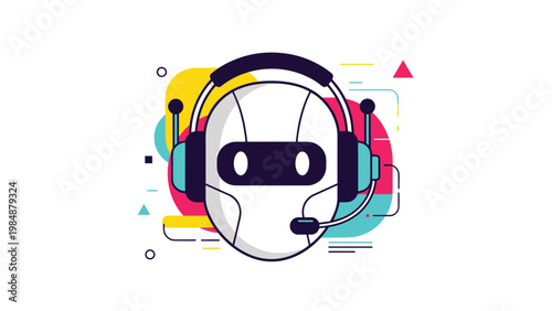 Robot head wearing a headset with a microphone representing an automated chatbot or customer support service system.