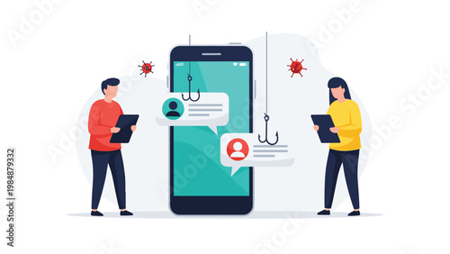 Phishing and mobile security concept with a man and woman on tablets next to a phone with virus icons and hooks.