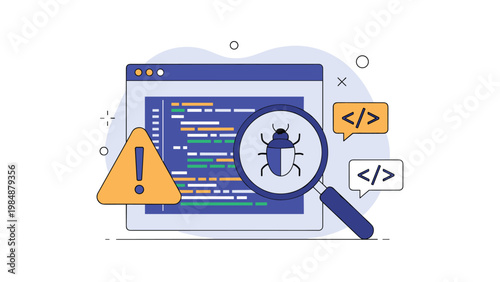 Magnifying glass over a coding window with a bug icon representing software testing and debugging by a developer.