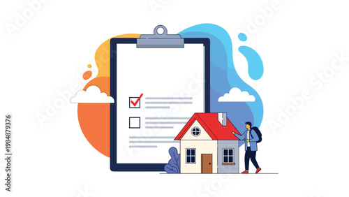 Man with a backpack standing next to a house and a large clipboard checklist representing real estate or moving.