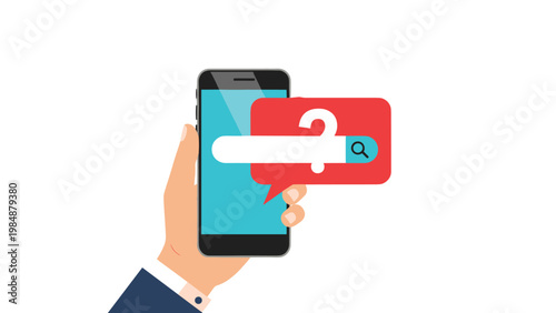 Hand holding a smartphone with a search bar and a question mark icon in a speech bubble representing a mobile query.