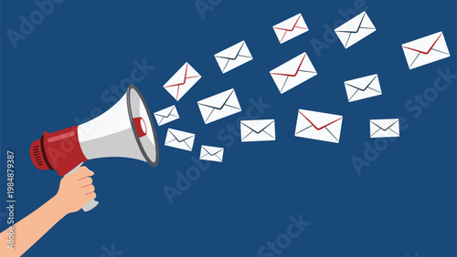 Red megaphone with many envelopes flying out of it against a dark blue background representing an email newsletter.
