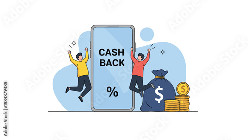Two happy men jumping for joy on either side of a large smartphone with cash back text and a money bag with coins.
