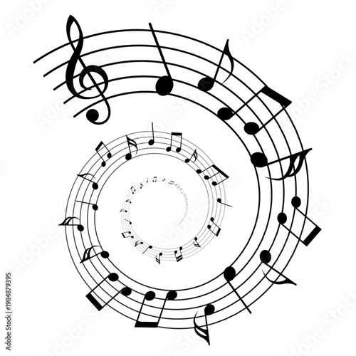 A spiral music staff swirls with notes and a large treble clef. Vector illustration