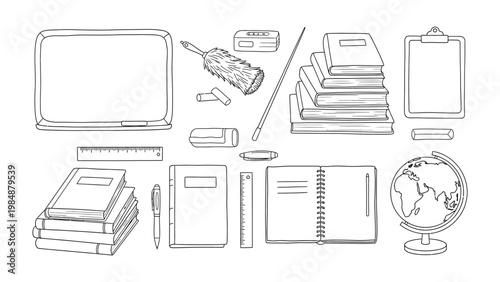 Educational Essentials: An assortment of school supplies arranged neatly, featuring a chalkboard, notebooks, pen, pencil, eraser and a globe, capturing the core elements of the academic world.