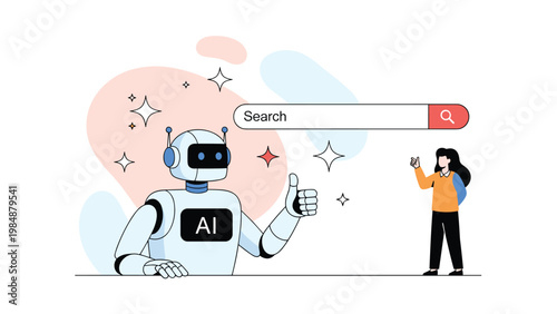 Advanced robot character pointing at a search bar next to a woman, showcasing the use of artificial intelligence in information discovery.