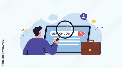 Man using a magnifying glass to search for a job on a computer monitor, symbolizing online career hunting and human resources recruitment tools.