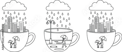 Creative illustration of city skyline and rainy street scenes inside coffee cups under raining clouds in minimalist line art vector.