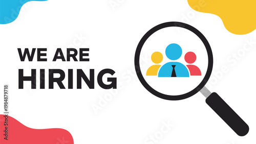 We are hiring announcement next to a magnifying glass showing colorful silhouettes of candidates, representing a successful recruitment.