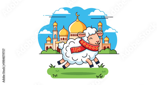 Flat style vector illustration of Eid Al Adha celebration with cute sheep jumping happily in front of mosque, symbolizing sacrifice, joy, and festive Islamic holiday spirit