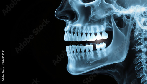 Dental x-ray panoramic scan of human skull showing teeth and jaw  