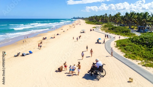 Aerial view of a sunny beach with people enjoying leisure activities and a person in a wheelchair on a paved path.