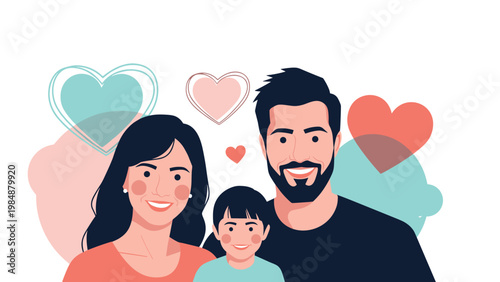 Portrait of a happy family consisting of a father, mother, and daughter with floating hearts, representing love, care, and domestic bliss.