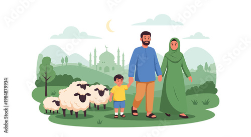 Flat style vector illustration of Eid Al Adha celebration with Muslim family and sheep near mosque, representing sacrifice, faith, unity, and joyful Islamic holiday gathering