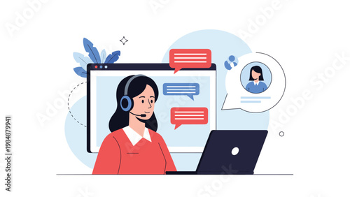 Friendly female customer support agent with a headset working on a laptop with chat messages, highlighting professional help desk services.