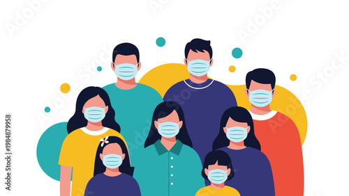 Large group of diverse people wearing protective face masks to ensure public health and safety during a pandemic or in a polluted area.