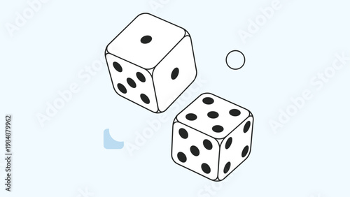 Isometric drawing of two white dice with black dots showing different numbers against a blue background, representing games, chance, and luck.