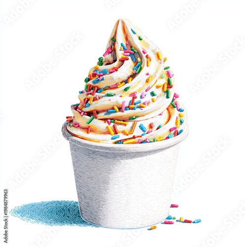 a cartoon illustration of a soft serve vanilla and chocolate twist ice cream in a cup. The ice cream is covered in rainbow sprinkles. White background