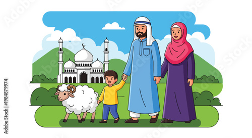 Flat style vector illustration of Eid Al Adha celebration with Muslim family and sheep near mosque, representing sacrifice, faith, unity, and joyful Islamic holiday gathering