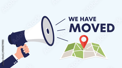Announcement of business relocation featuring a hand holding a megaphone and a map with a red pin for location change notification.