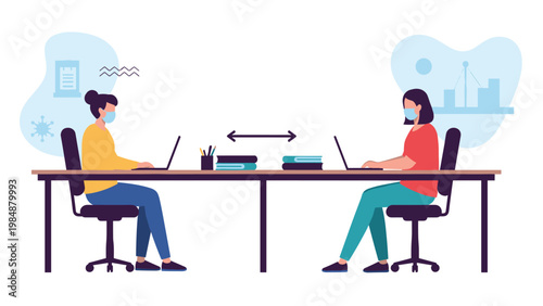 Office employees practicing social distancing and wearing face masks while working at laptops to ensure health and safety in the workplace.