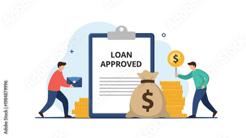 Illustration of a successful loan approval featuring a document clipboard, money bags, and business people celebrating financial aid.