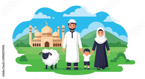 Flat style vector illustration of Eid Al Adha celebration with Muslim family and sheep near mosque, representing sacrifice, faith, unity, and joyful Islamic holiday gathering
