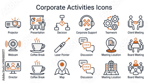 Corporate Activities Line Art Vector Icon Set, Blue & Orange Minimal Business Meeting Icons on PNG Background, corporate icons, business icons, office tools, meeting icons, line art vector, outline, 