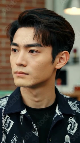 Close-up of a man's indoor half body, close-up of a man's profile expression