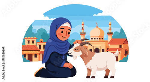 Flat style vector illustration of Eid Al Adha celebration with Muslim woman caring goat near mosque village, representing compassion, sacrifice, and meaningful Islamic tradition