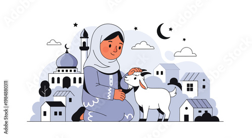 Flat style vector illustration of Eid Al Adha celebration with Muslim woman caring goat near mosque village, representing compassion, sacrifice, and meaningful Islamic tradition