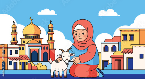 Flat style vector illustration of Eid Al Adha celebration with Muslim woman caring goat near mosque village, representing compassion, sacrifice, and meaningful Islamic tradition