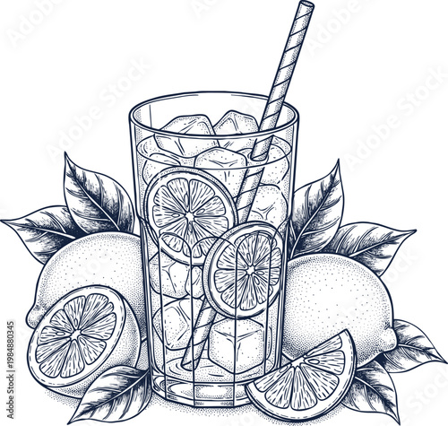 Refreshing lemonade with lemon slices ice and straw illustration.