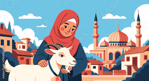 Flat style vector illustration of Eid Al Adha celebration with Muslim woman caring goat near mosque village, representing compassion, sacrifice, and meaningful Islamic tradition