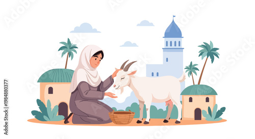 Flat style vector illustration of Eid Al Adha celebration with Muslim woman caring goat near mosque village, representing compassion, sacrifice, and meaningful Islamic tradition