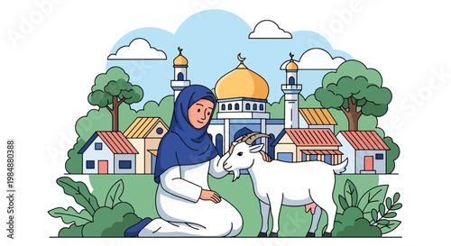 Flat style vector illustration of Eid Al Adha celebration with Muslim woman caring goat near mosque village, representing compassion, sacrifice, and meaningful Islamic tradition
