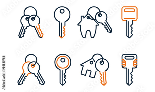 Key and Security Line Art Vector Icon Set, Blue & Orange Access & Ownership Icons on PNG Background, key icons, security icons, access control, ownership icons, line art vector, outline icons, 
