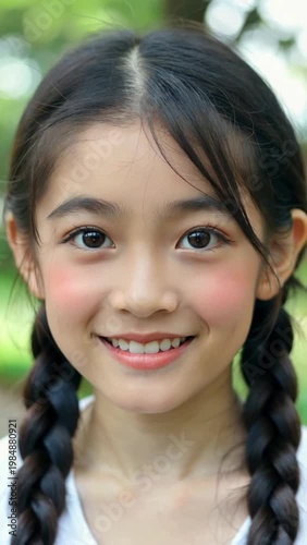 Close-up of girl smiling with double braids, close-up of girl smiling outdoors