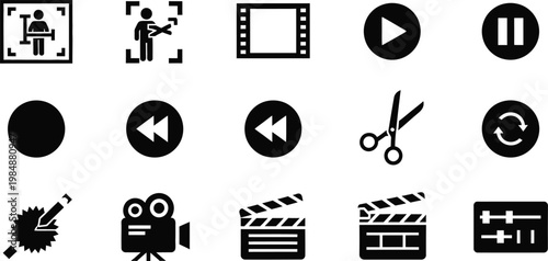 Production editing multimedia playback interface elements icon set with fast forward, post productio