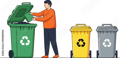 Recycling concept vector illustration with man sorting waste into bins eco friendly environment isolated on white background