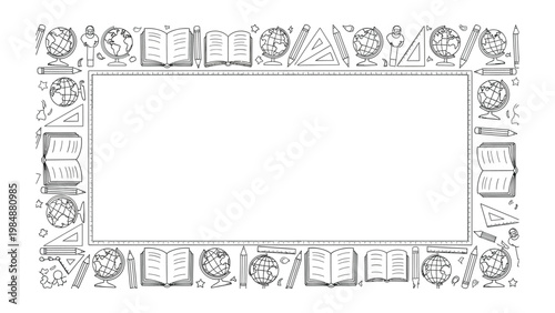 Educational Frame: A meticulously drawn frame, adorned with symbols of education like open books, globes, rulers, and pencils, encircles a blank space ready for learning and discovery.