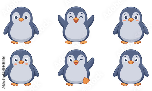 Foto Cute Cartoon Penguin Line Art Vector Set Sticker Style on PNG Background, cute p