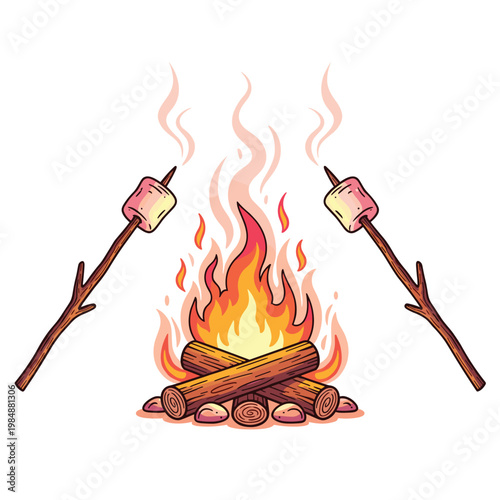 Campfire with Roasting Marshmallows on Sticks and Firewood for Outdoor Adventure