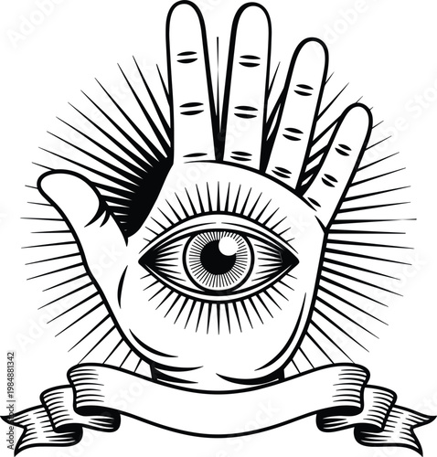 Mystical hand of providence vector illustration with all seeing eye, rays and vintage ribbon banner